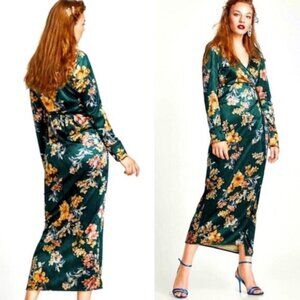 ZARA Velvet Emerald Green Floral Wrap Maxi Dress Kimono size L Bohemian Chic